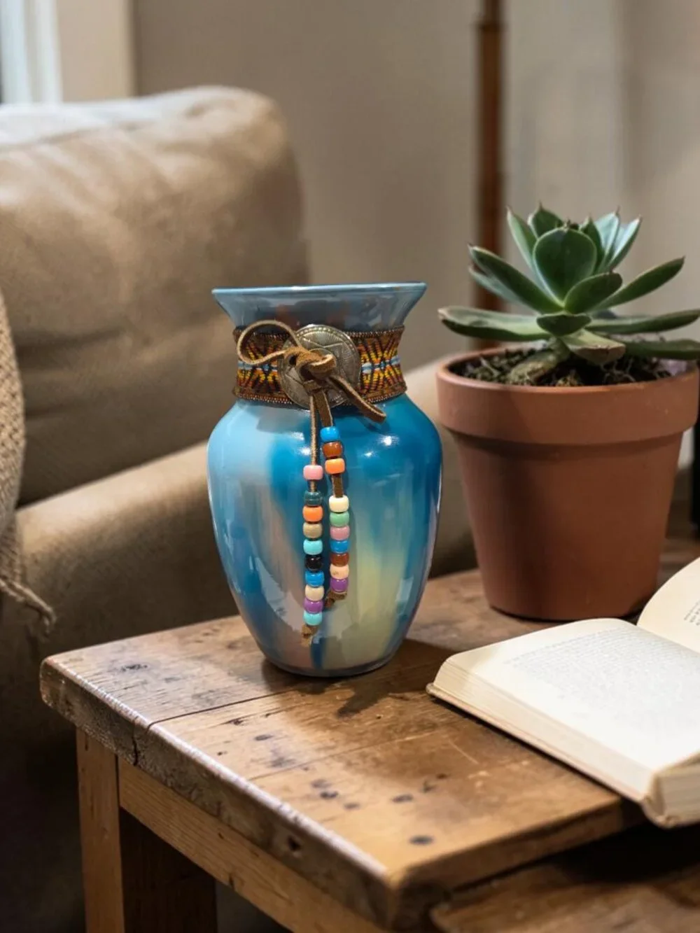 Acrylic Pour Glass Necklace Vase, Southwest Decor, Fluid Handmade Art, 8 Inches